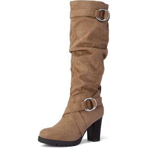 Women Taupe Knee High Fashion Chunky Block Heel Side Zipper Warm Winter Boot